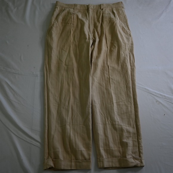 Vtg Polo Ralph Lauren 34x29 Khaki Herringbone‎ Linen Pleated Cuffed Dress Pants